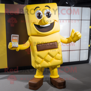 Yellow Chocolate Bars mascot costume character dressed with a Playsuit and Wallets