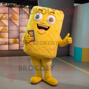 Yellow Chocolate Bars mascot costume character dressed with a Playsuit and Wallets