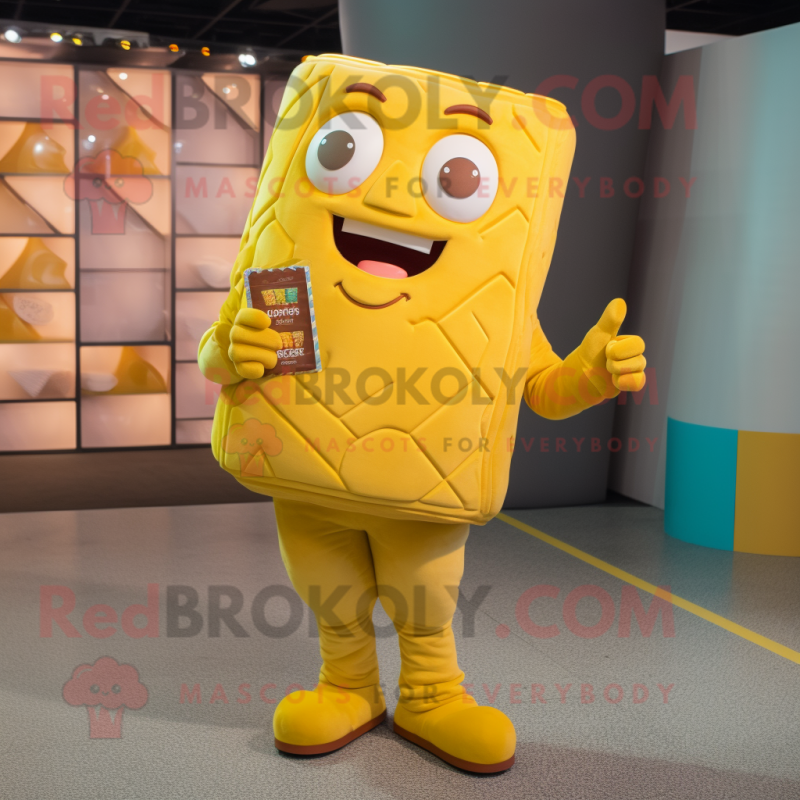 Yellow Chocolate Bars mascot costume character dressed with a Playsuit and Wallets Yellow Chocolate Bars mascot costume character dressed with a Playsuit and Wallets