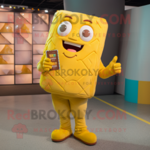Yellow Chocolate Bars mascot costume character dressed with a Playsuit and Wallets