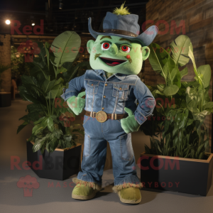 Green King mascot costume character dressed with a Denim Shirt and Belts