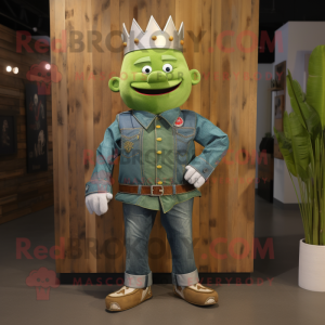 Green King mascot costume character dressed with a Denim Shirt and Belts