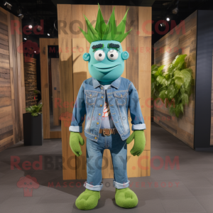 Green King mascot costume character dressed with a Denim Shirt and Belts