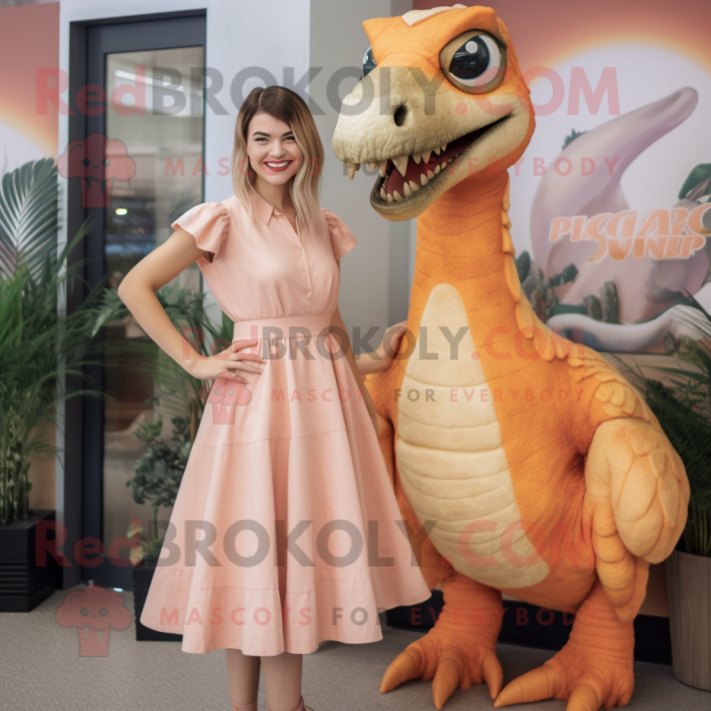 Peach Utahraptor mascot costume character dressed with a Midi Dress and Wraps