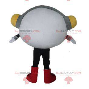 Very smiling white snowman mascot with headphones -