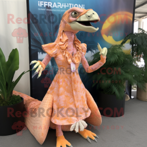 Peach Utahraptor mascot costume character dressed with a Midi Dress and Wraps