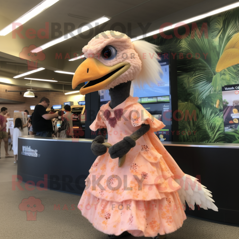 Peach Utahraptor mascot costume character dressed with a Midi Dress and Wraps Peach Utahraptor mascot costume character dressed with a Midi Dress and Wraps