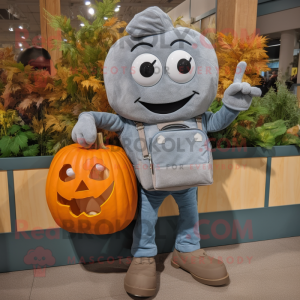 Gray Pumpkin mascot costume character dressed with a Boyfriend Jeans and Messenger bags