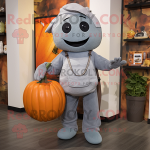 Gray Pumpkin mascot costume character dressed with a Boyfriend Jeans and Messenger bags