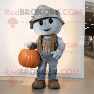 Gray Pumpkin mascot costume character dressed with a Boyfriend Jeans and Messenger bags