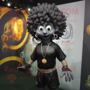 Black Medusa mascot costume character dressed with a Polo Shirt and Necklaces