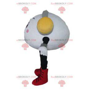 Very smiling white snowman mascot with headphones -