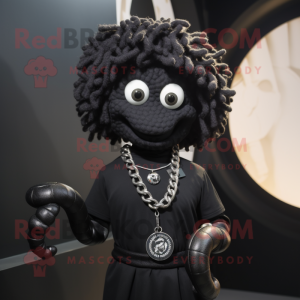 Black Medusa mascot costume character dressed with a Polo Shirt and Necklaces