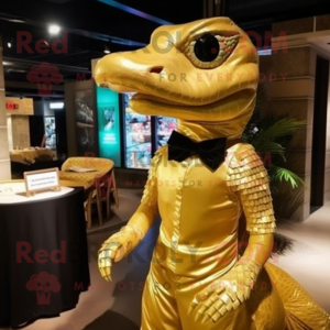 Gold Titanoboa mascot costume character dressed with a Sheath Dress and Bow ties