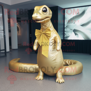 Gold Titanoboa mascot costume character dressed with a Sheath Dress and Bow ties