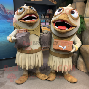 Tan Piranha mascot costume character dressed with a A-Line Skirt and Briefcases