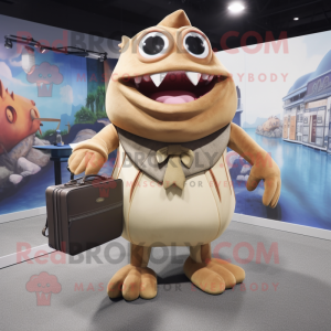 Tan Piranha mascot costume character dressed with a A-Line Skirt and Briefcases