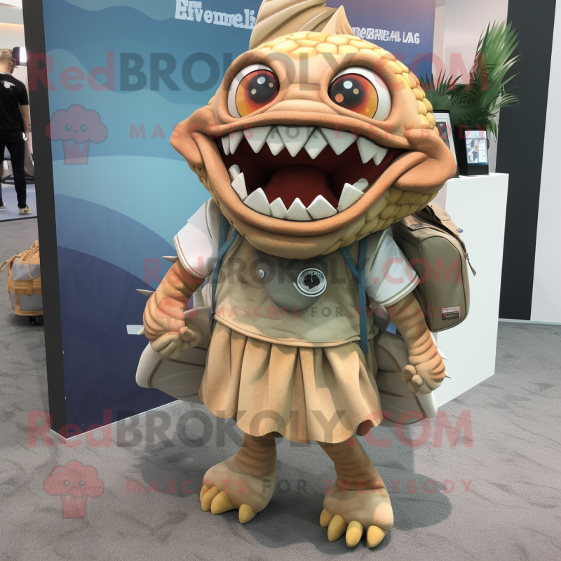 Tan Piranha mascot costume character dressed with a A-Line Skirt and Briefcases Tan Piranha mascot costume character dressed with a A-Line Skirt and Briefcases