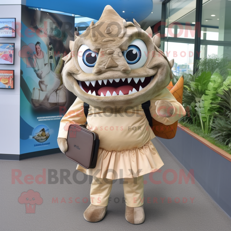 Tan Piranha mascot costume character dressed with a A-Line Skirt and Briefcases