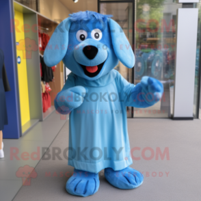 Blue Dog mascot costume character dressed with a Wrap Dress and Foot pads