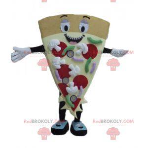 Gigantyczna uśmiechnięta i kolorowa maskotka kawałek pizzy -