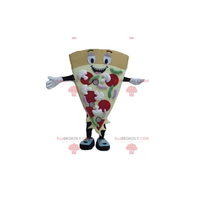 Mascotte gigante sorridente e colorato della fetta di pizza -