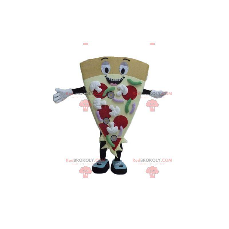 Sorridente gigante e mascote de fatia de pizza colorida -