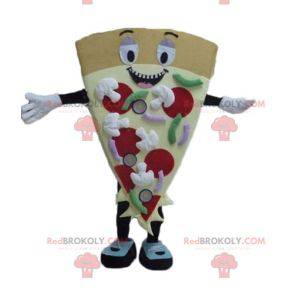 Mascotte gigante sorridente e colorato della fetta di pizza -