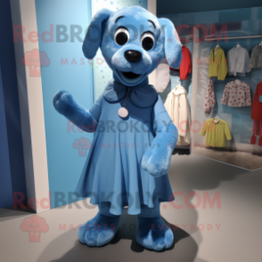 Blue Dog mascot costume character dressed with a Wrap Dress and Foot pads