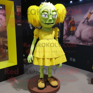 Yellow Frankenstein mascot costume character dressed with a Mini Skirt and Shoe clips