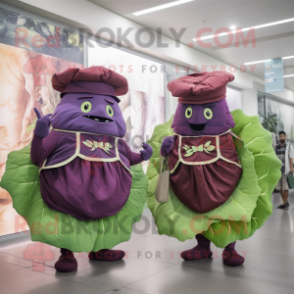 Maroon Cabbage Leaf mascot costume character dressed with a Skirt and Messenger bags