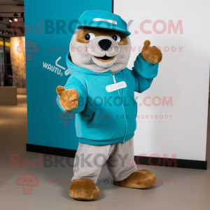 Turquoise Marmot mascot costume character dressed with a Hoodie and Hats