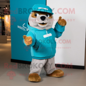Turquoise Marmot mascot costume character dressed with a Hoodie and Hats