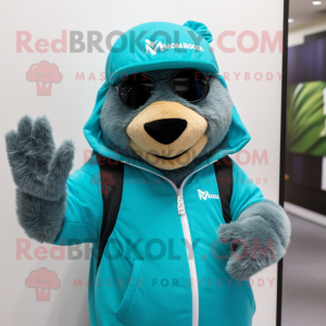 Turquoise Marmot mascot costume character dressed with a Hoodie and Hats