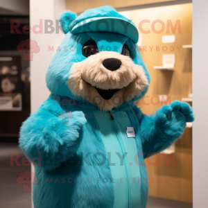 Turquoise Marmot mascot costume character dressed with a Hoodie and Hats