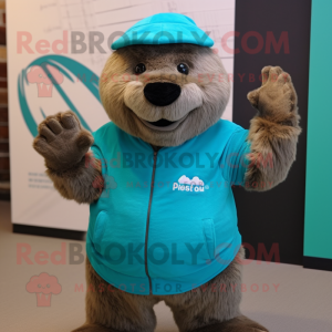 Turquoise Marmot mascot costume character dressed with a Hoodie and Hats