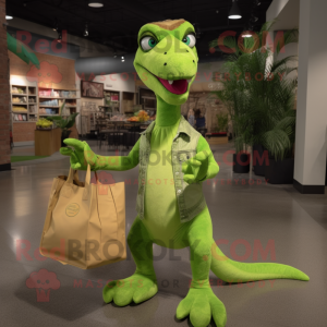 Lime Green Deinonychus mascot costume character dressed with a Flare Jeans and Tote bags