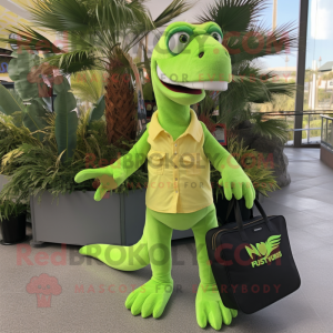 Lime Green Deinonychus mascot costume character dressed with a Flare Jeans and Tote bags