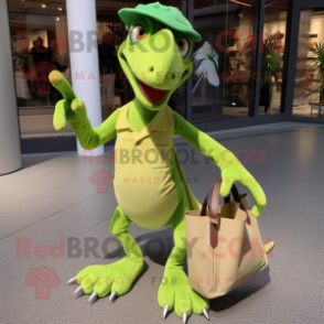 Lime Green Deinonychus mascot costume character dressed with a Flare Jeans and Tote bags