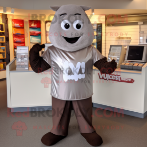 Silver Chocolate Bar mascot costume character dressed with a V-Neck Tee and Cummerbunds