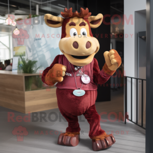 Maroon Jersey Cow mascot costume character dressed with a Trousers and Bracelet watches