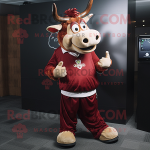 Maroon Jersey Cow mascot costume character dressed with a Trousers and Bracelet watches