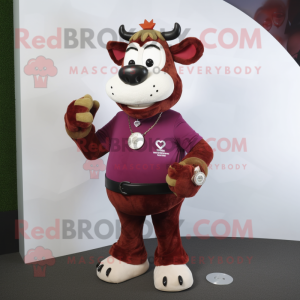 Maroon Jersey Cow mascot costume character dressed with a Trousers and Bracelet watches