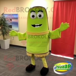 Lime Green Lasagna mascot costume character dressed with a Sweatshirt and Tie pins