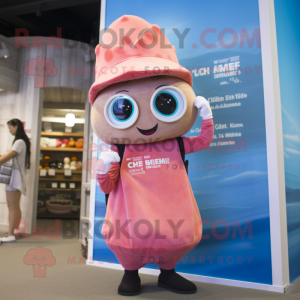Pink Clam Chowder mascot costume character dressed with a One-Piece Swimsuit and Suspenders
