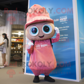 Pink Clam Chowder mascot costume character dressed with a One-Piece Swimsuit and Suspenders