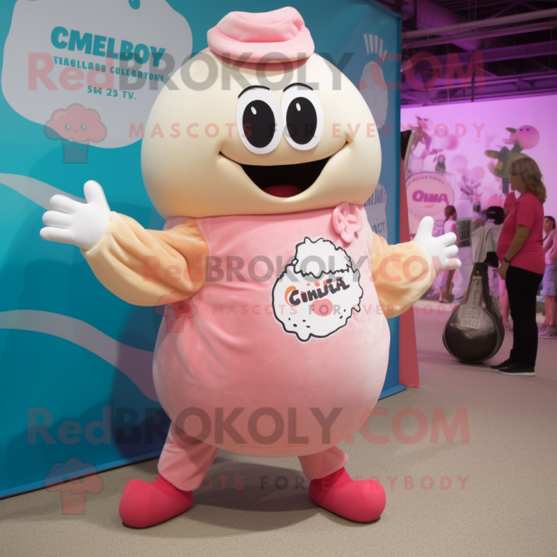 Pink Clam Chowder mascot costume character dressed with a One-Piece Swimsuit and Suspenders