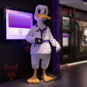 Purple Goose mascot costume character dressed with a Trousers and Digital watches