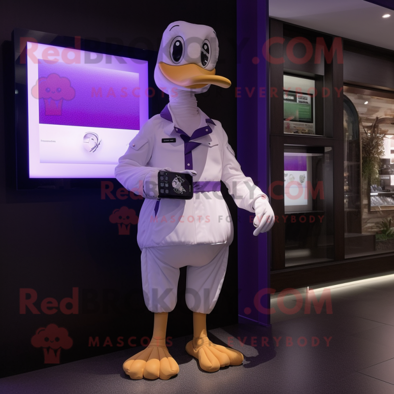 Purple Goose mascot costume character dressed with a Trousers and Digital watches Purple Goose mascot costume character dressed with a Trousers and Digital watches