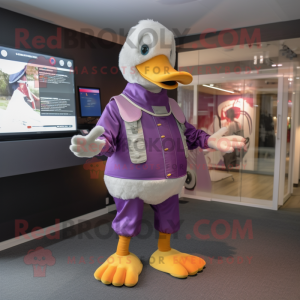 Purple Goose mascot costume character dressed with a Trousers and Digital watches